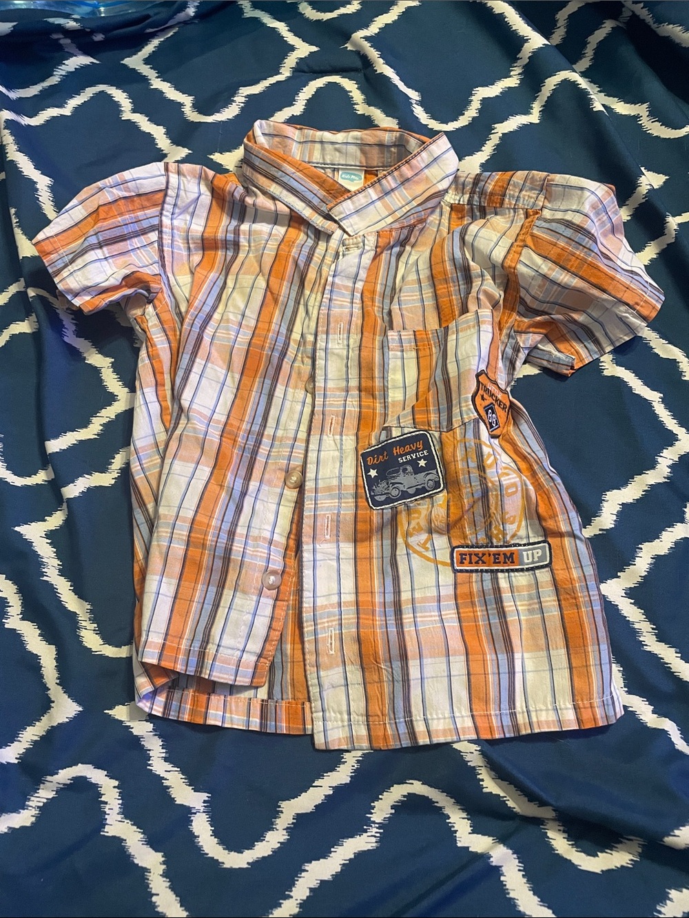Orange Plaid Short-Sleeve Shirt with Patch Detail - Kids
